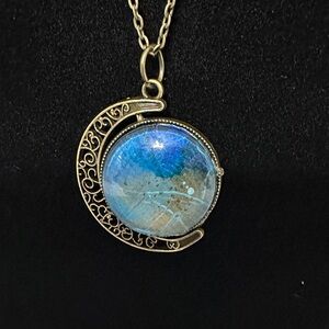 Original Art Half Moon Bronze Cabochon Double Sided Necklace OOAK